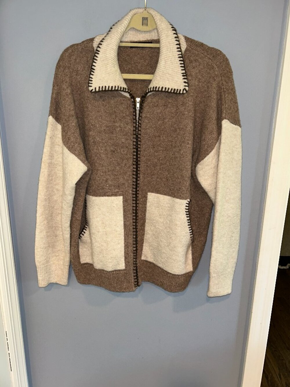 Robertson & Rodeo Zip Front Cardigan Sweater M/L Brown Cream Colorblock